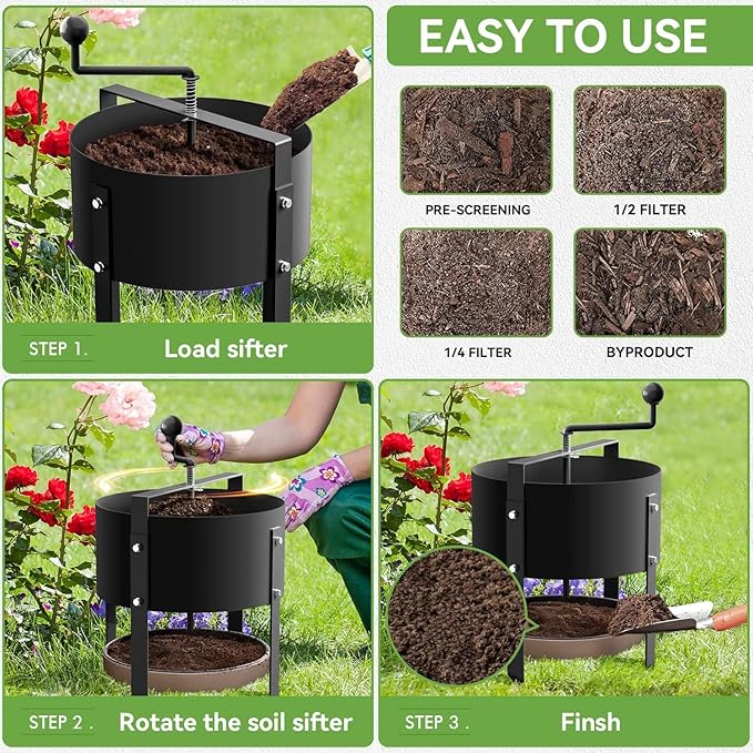 YUEWO Rotary Soil Sifter Compost Sieve Garden Potting Sifting Mesh Rock Sand Dirt Sieve 13 Sifting Filter with 1/5 Inch Mesh Sifting and a Pair of Gloves