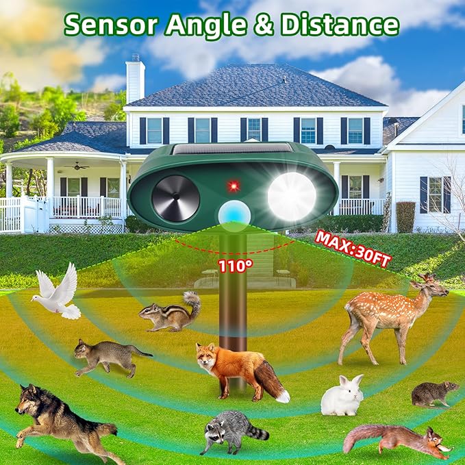 2Pack Solar Ultrasonic Animal Repellent Outdoor with Motion Detection&ampFlash LightUSB Rechargeable Waterproof Cat Repellent Outdoor Keep Deer Squirrel Rabbit Opossum Raccoon Away for Yard Garden L