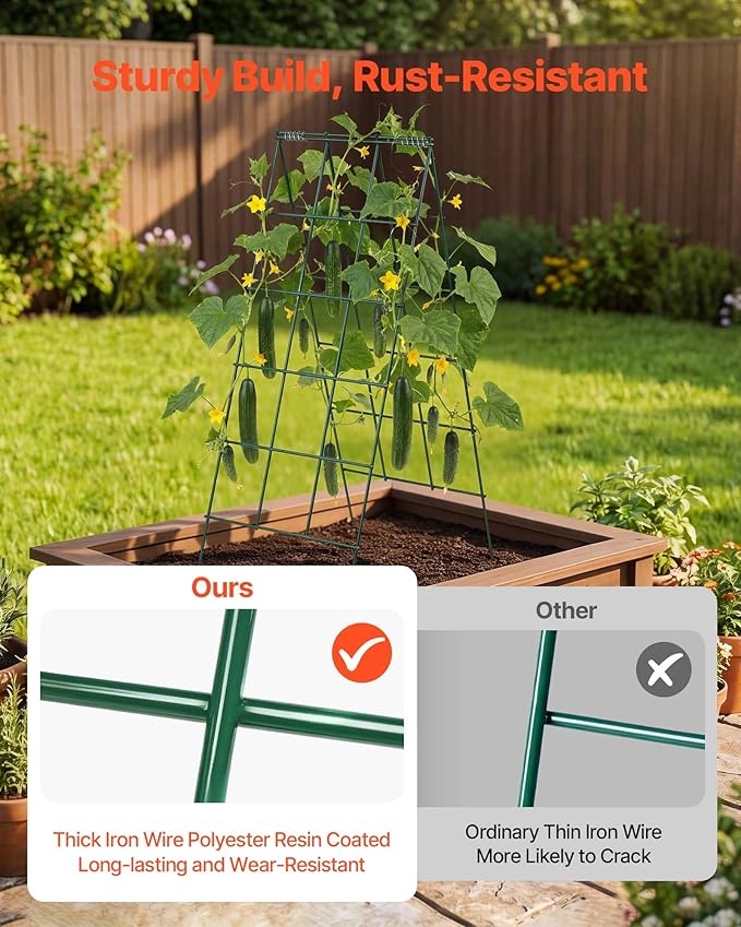 VEVOR Cucumber Trellis 46 High Foldable A-Frame Garden Trellises for Raised Bed 4 Panels Metal Rustproof Outdoor Climbing Plant Support with 2 Plant Bags for Vine Peas Beans Tomato Flowers