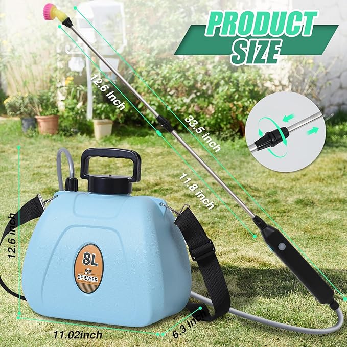 Battery Powered Sprayer 2 Gallon Electric Garden Sprayer with 3 Copper Nozzles 4 Spray Modes Type-C Rechargeable 30-60cm Retractable Wand Shoulder Strap for Lawn &amp Garden