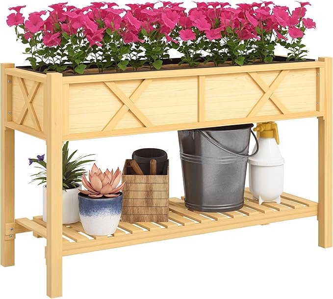 Outsunny Raised Garden Bed Elevated Wood Planter Box with Storage Shelf Drainage Holes and Liner for Backyard Patio Balcony 47 x 22 x 31.5 in Natural