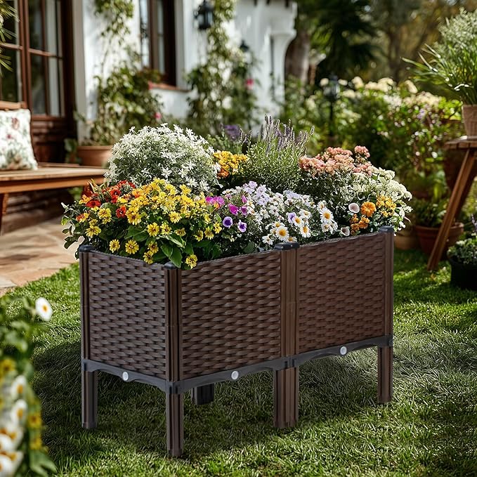 Rattan Raised Garden Bed with Legs-Rectangular Elevated Deep Planters for Outdoor Plants Self Watering Planter Box 32L x 16W x 20H Rectangular Deep Garden Bed for Vegetables Flowers Herbs