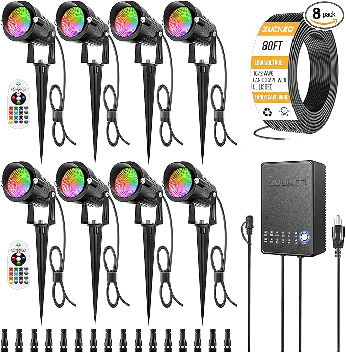 ZUCKEO All-in-One RGBW Landscape Lighting Kit 5W Color Changing Low Voltage Landscape Lights with Transformer and 80FT Wire LED Multi-Color Landscape Spotlights for Holiday Yard Garden House 8Pack