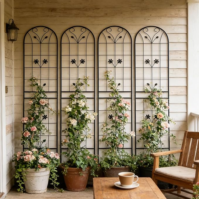 4 Pack Large Garden Trellis Heavy Duty Rustproof Iron Plant Trellis for Potted Plant Support Metal Climbing Rose Trellis Vine Vegetable Cucumber Black -86 H x 19.7 W