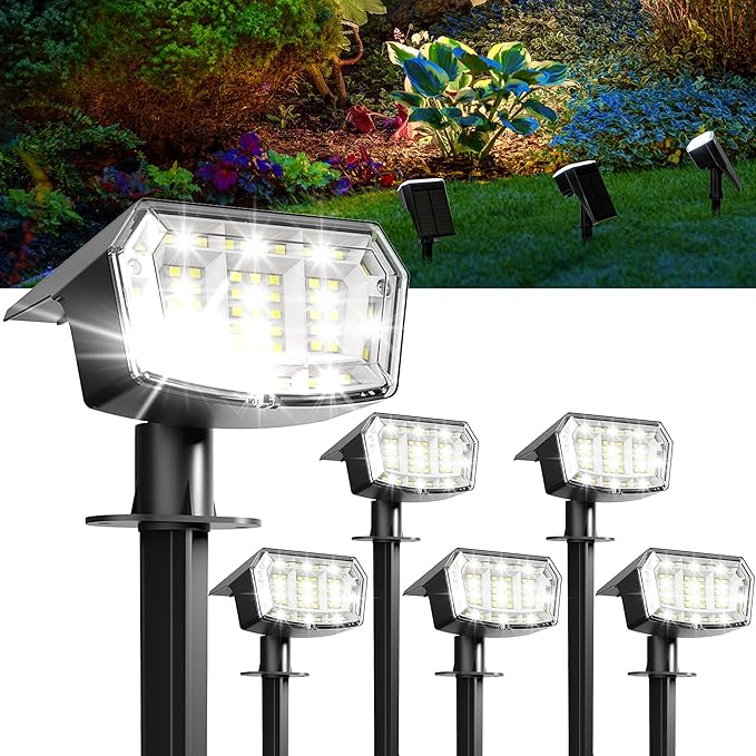 GIGALUMI Solar Spot Lights Outdoor Waterproof 6 Pack Cool White IP65 63 LED 3 Lighting Modes Spotlights for Yard Garden House Garage Pathway