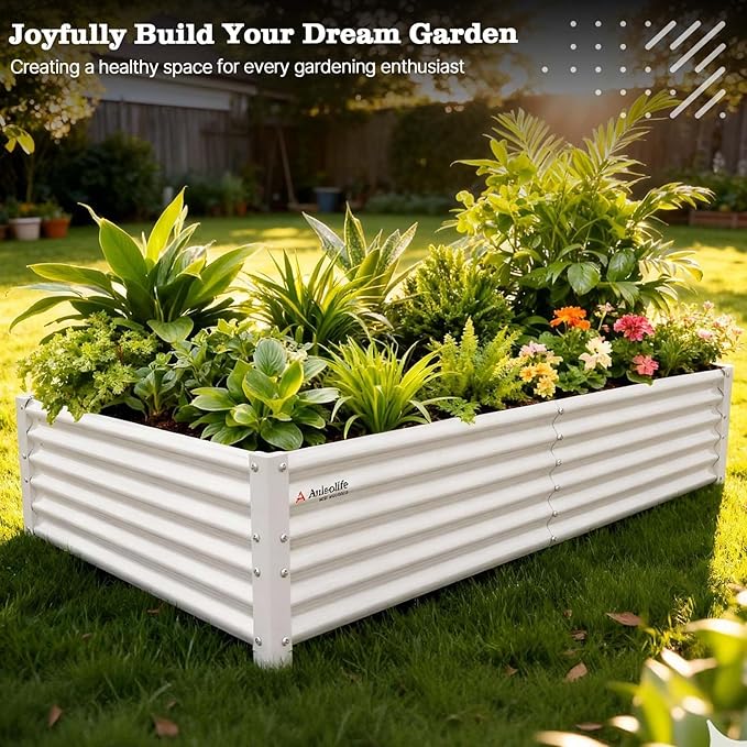 A ANLEOLIFE 6X3X1.5 ft Galvanized Raised Garden Beds Outdoor Rectangular Metal Planter Box for Planting Vegetables Flowers Herb Anti-Rust &amp Easy-Setup Antique White