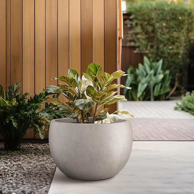 Kante 15.7 Dia Round Concrete Planter Outdoor/Indoor Large Bowl Plant Pots with Drainage Hole and Rubber Plug for Garden Patio Balcony Home Weathered Concrete