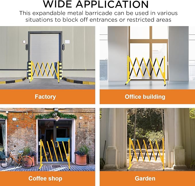 TECSPACE Industrial Expandable Metal Barricade Expansion Size 8.2 FT Yellow and Black Durable Steel Safety Barricade with casters Flexible Mobile Barrier Gate Adjustable Traffic Fence