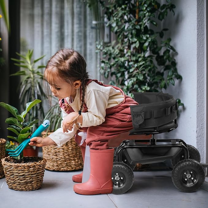Rolling Garden Cart Stool with Tool Bag Adjustable Height Seat with 4 Wheels Heavy Duty Work Seat for Gardening Lawn Yard Farm