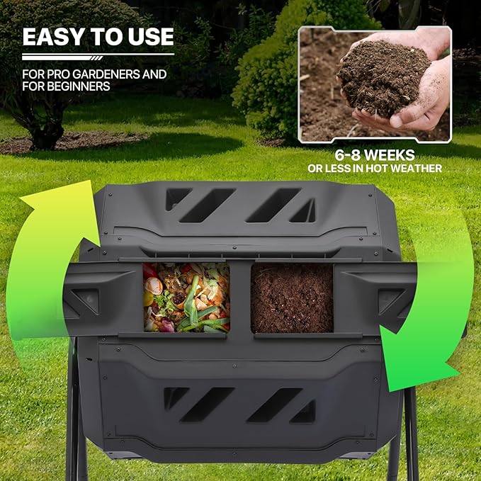 MoNiBloom 43 Gallon Compost Tumbler Outdoor BPA Free Large Dual Chamber Tumbling Compost Bin All-Season Fast Working Tumbling Composter High Volume Composter with 2 Sliding Doors
