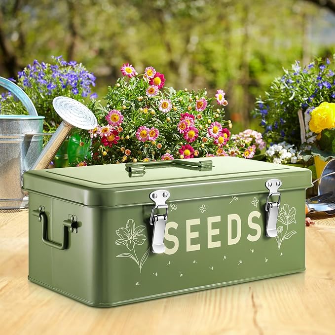 Seed Storage Organizer Box with 4 Compartments Metal Seed Saving Box with Lockable Lid &amp Safety Locks Includes 50 Seed Envelopes 100 Plant Labels 50 Clips &amp Marker (olive green)