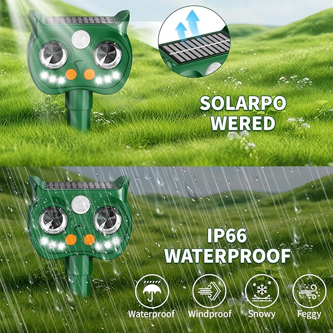 2 Pack 2026 Upgraded Solar Ultrasonic Animal Repellent Outdoor – Motion Activated Deer Squirrel Cat Raccoon Dog &amp Bird Deterrent with Multi-Frequency LED Strobe &amp Ultrasonic Sweep for Yard