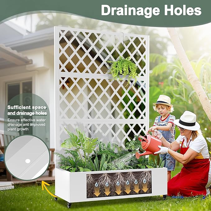 Metal Large Planter Box with Trellis for Climbing Plants Vegetables Raised Garden Bed with Privacy Screen 47L×16W×71H Garden Boxes with Wheels &amp Drainage Hole (White Diamond Lattice)