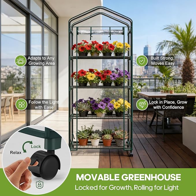 OLIXIS Greenhouse 27×19×63 4 Tier Green House with PVC Cover Roll-Up Zipper Door Wheels Portable Greenhouses for Indoor Outdoor Balcony Porch Garden Patio Backyard Green Houses (Clear)