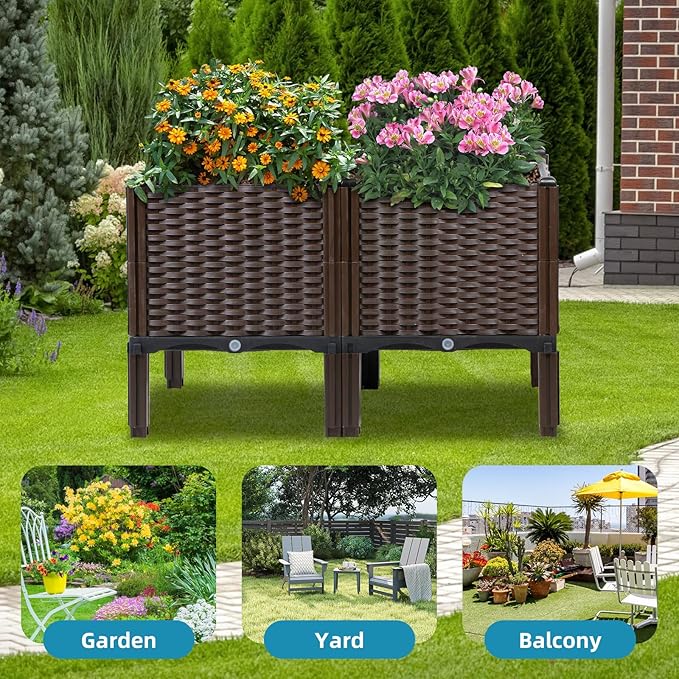 Rattan Raised Garden Bed with Legs-Rectangular Elevated Deep Planters for Outdoor Plants Self Watering Planter Box 32L x 16W x 20H Rectangular Deep Garden Bed for Vegetables Flowers Herbs