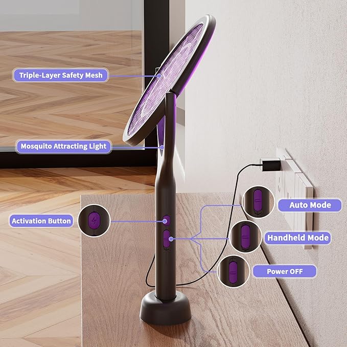 Rechargeable Electric Fly Swatter Telescopic Handle with Rotating Head 1200mAh Type-C Charging Indoor &amp Outdoor Handheld Bug Zapper for Mosquitoes and Flies