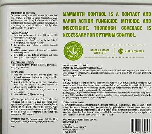 Mammoth Control - Concentrated Miticide Fungicide and Insecticide - Made with Thyme Oil (1 Gallon)