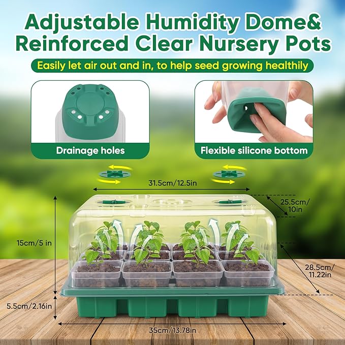 BlumWay Seed Starter Tray with Grow Light24 Pack 2.9 inch Reuseable Clear Nursery Pots with Silicone Base/Humidity Dome for Deep-Rooted SeedlingsAdjustable Timed Light Plant Starter Set
