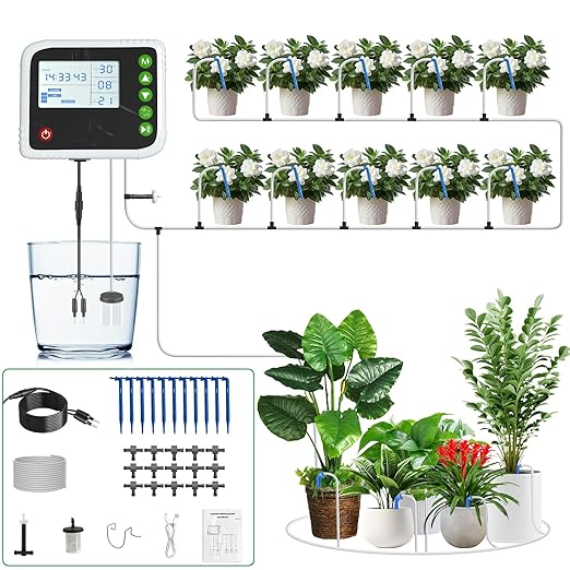 SoulBay Automatic Plant Waterer Indoor Self Watering System for 15 Potted Plants USB Rechargeable Drip Irrigation Kit with Programmable Water Timer LCD Display for Vacation Garden