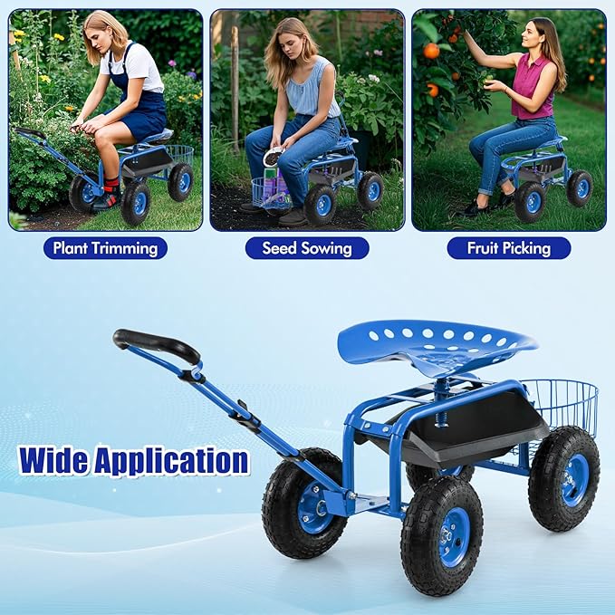 Goplus Rolling Garden Cart with Seat Outdoor Garden Stool with Wheels Tool Tray &amp Basket Adjustable Steering Handle 360 Degree Swivel Seat for Planting Gardening Scooter for Lawn Yard Patio