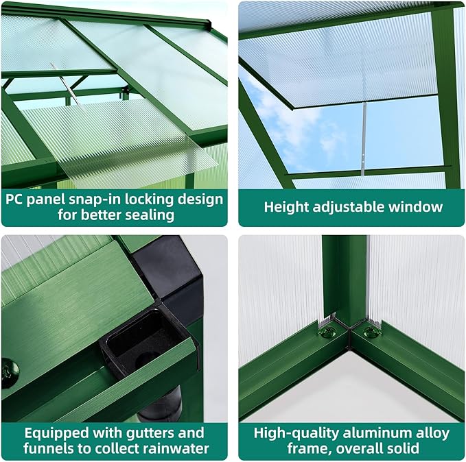 GAOMON 6 x 10 ft Greenhouse for Outdoor with Sliding Door Green House with Polycarbonate Panel &amp Ajustable Roof Vent &amp Ground Nails Walk-in Aluminum Greenhouses for Garden Patio