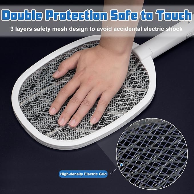 3 Packs Electric Fly Swatter Rackets 2-in-1 Handhold Bug Zapper with 3000V High Voltage Plug-in Mosquito Killer Insect Light Trap with 3 Layer Safety Mesh Portable for Indoor Outdoor Use