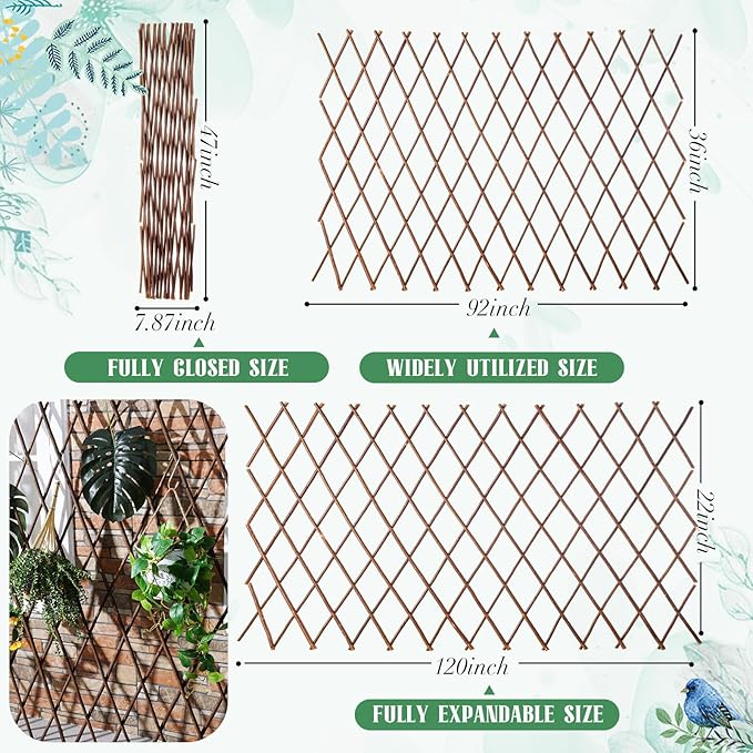 4 Pack Expandable Willow Trellis Lattice Fence Willow Fence Panel for Climbing Plants Garden Lattice Trellis Plant Support Open Screen Fencing Outdoor Decorative Wood