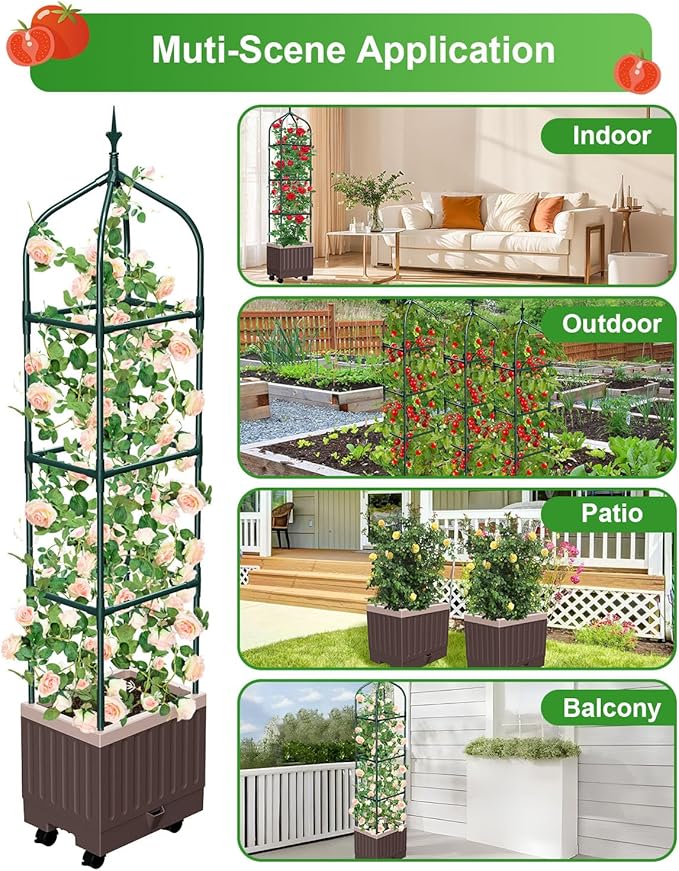 Raised Garden Bed Planter Boxes with Trellis1pcs 70.9Self-Watering Tomato Planter Boxes with Trellis for Climbing Vegetables Plants Flowers Tomato with WheelsUse for Indoor Outdoor (Brown)