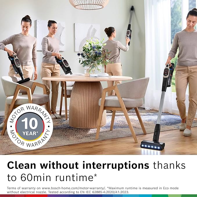 Bosch Unlimited 9 Cordless Stick Vacuum Cleaner - Up to 60 Min Battery Fast Charger Multi-Surface Vacuums Pet Hair Hard Floors and Carpets HEPA Filter 3 Accessories Dark Cream