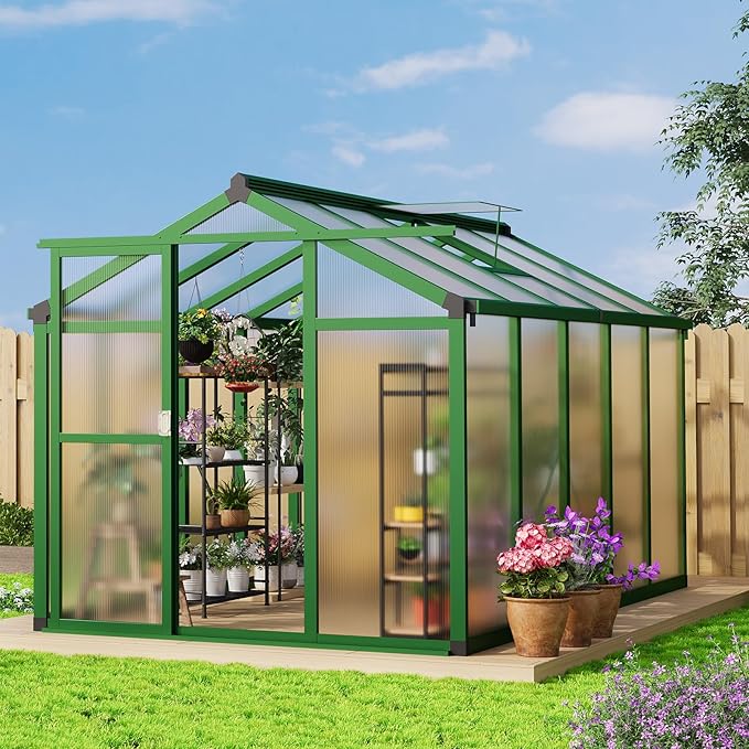 GAOMON 6 x 10 ft Greenhouse for Outdoor with Sliding Door Green House with Polycarbonate Panel &amp Ajustable Roof Vent &amp Ground Nails Walk-in Aluminum Greenhouses for Garden Patio
