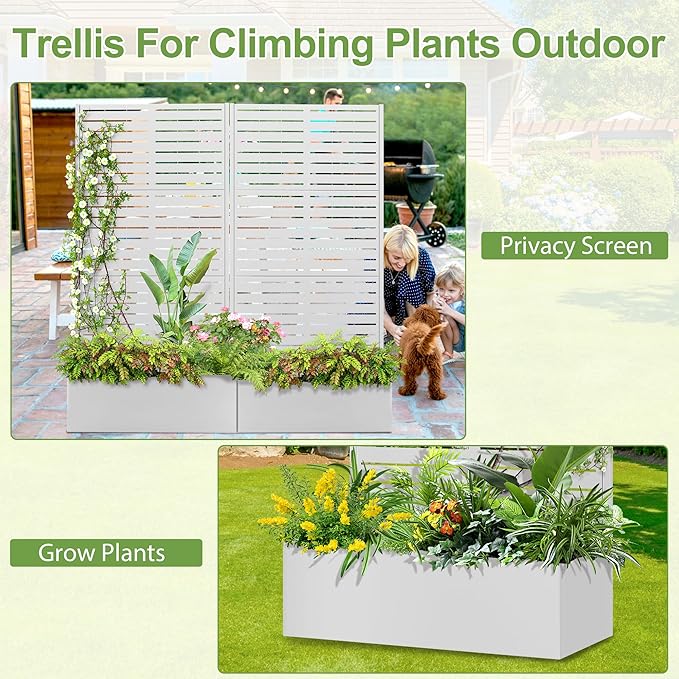 Trellis for Climbing Plants OutdoorMental Garden Bed with Drainage Holes Outdoor Privacy Screen Design Tall planters for herb Flower Vegetables 73x35x16 White-Louvered