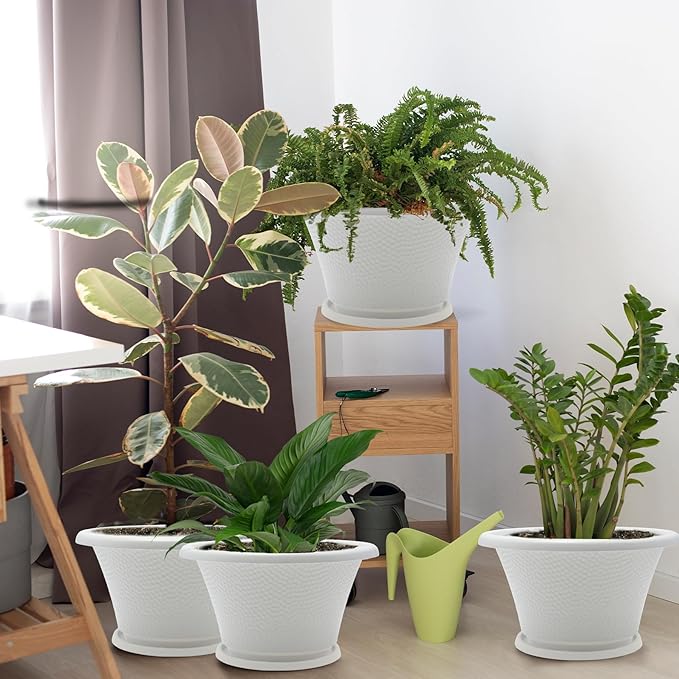 Quarut 12 Inch Plant Pot4 Pack Large pots for PlantsFlower Pots with Drainage Hole &amp SaucerModern Planters for Indoor Outdoor PlantsDecorative Resin Garden PotsWhite
