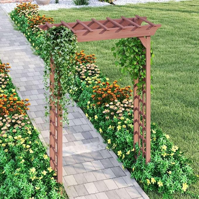 Wooden Garden Arbor Trellis Brown Fir Wood Outdoor Pergola Arch with Lattice Panels 85x63x26 Inch for Wedding Ceremony Plant Climbing Backyard Decor