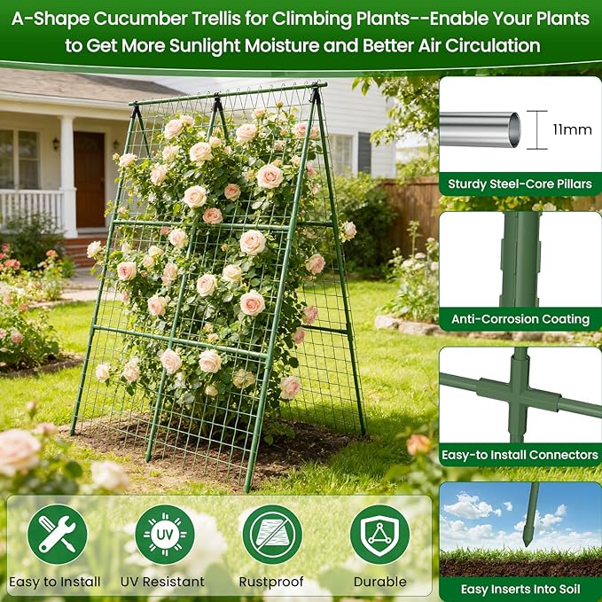 Cucumber Trellis for Raised Bed 32 L x 48 H A-Shape 2 Pack 11mm Garden Trellis for Climbing Plants Outdoor Metal Arch Trellis for Vegetables Plant Support for Tomato Pea Zucchini Grape Flowers