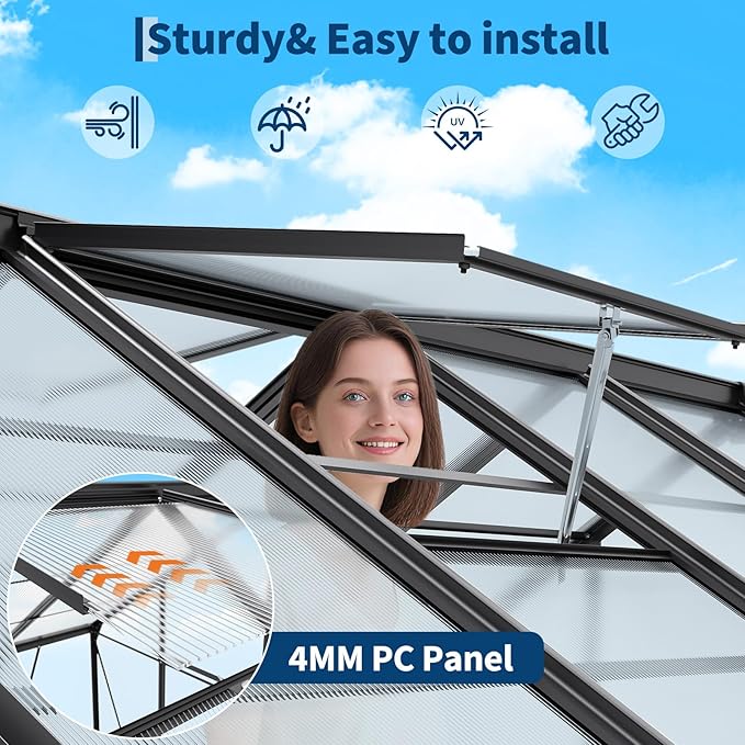 8x12 FT Polycarbonate GreenhouseLarge Walk-in SturdyOutdoor Aluminum Frame Greenhouse with Roof Vent Lockable Push Doorfor Garden Backyard Patio &amp Lawn(Black)