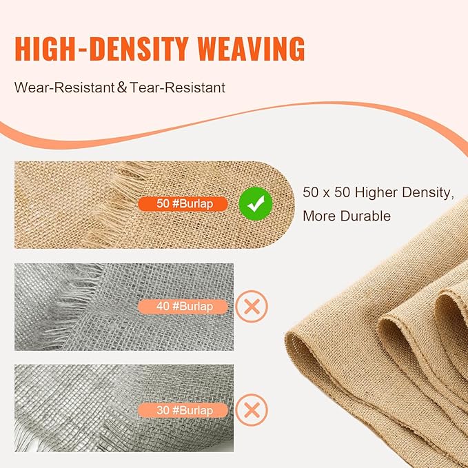 VEVOR Burlap Fabric Roll 14” x 150 ft &amp 45 x 45 High Density Wide Natural Burlap Fabric Rolls Jute Fabric Burlap Tree Wrap Roll for Decor Crafts Wedding Gardening Plant &amp Tree Winter Co