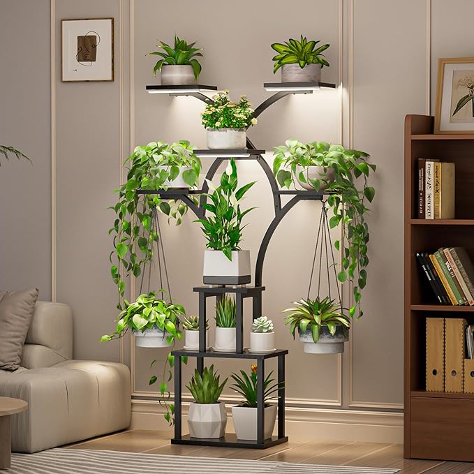 Elbourn Plant Stand Indoor with Grow Lights - 60 Tall Metal Plant Shelf for Multiple Plants 8 Tiered Corner Plant Stands for Indoor Plants X - Shaped Decorative Rack for Home Living Room &amp Pat