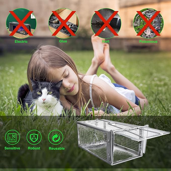 Humane Rat Traps 2-Pack No Kill Small Animal Cage Trap Live Mouse Trap Cage Catch and Release Trampa para Ratones Chipmunk Rodent Trap That Work for Indoor and Outdoor - 12.3 L x 6.5 W x 5.3 H