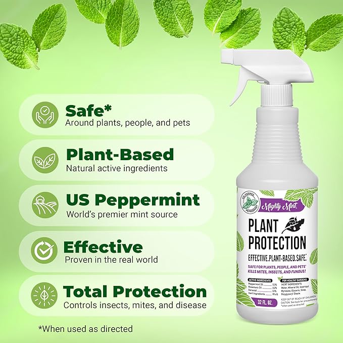 Mighty Mint Peppermint Oil Plant Protection Spray – Insect &amp Pest Control for Gnats Spider Mites &amp Aphids – Plant-Based Easy-to-Use with Microfiber Cloth- 32 oz