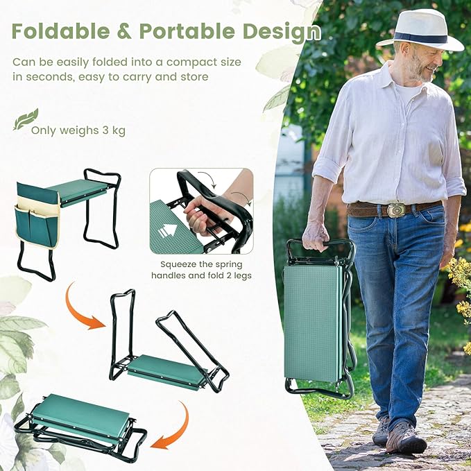 TANGZON Foldable Garden Kneeler and Seat 2-In-1 Gardening Stool with Thickened EVA Foam Pad Detachable Tool Pouch &amp Handles Portable Gardener Bench for Seniors (1 Green+Beige Tool Pouch)