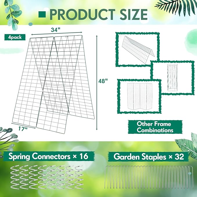 Wesiti 4 Packs Foldable Cucumber Trellis for Raised Bed 34W x 48H Adjustable a Frame Garden Trellis for Climbing Plants Outdoor Yard Metal Plant Support for Vegetables Tomato Pea Flower Vine Squash