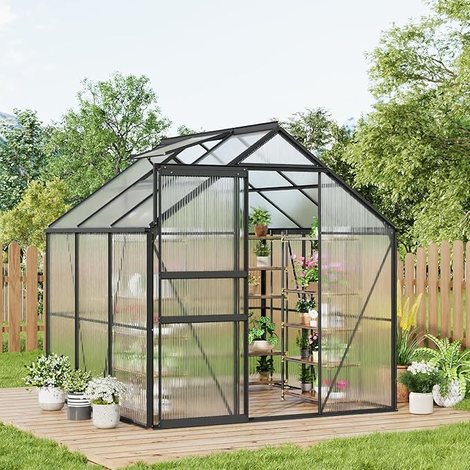 GarveeHome 6x6FT Greenhouse Large Walk-in Polycarbonate Greenhouse with Adjustable Vent Window Sliding Door Portable Green House Kit for Outdoors Winter