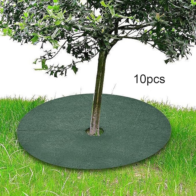 10 Pieces Tree Mulch Rings for Weed Control Barrier Fabric Round Moisturizing Fruit Tree Protector Non Woven Green- 72cm 8cm Hole