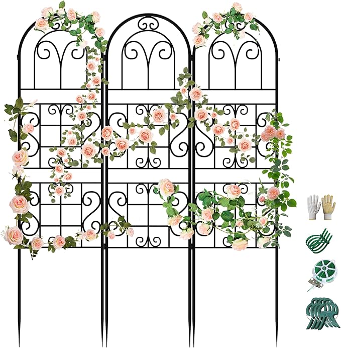 Garden Trellis for Climbing Plants 3 Pack 38 Wx 64.6 H Rustproof Flower Trellis with Black Coating Outdoor Climbing Rose Trellis Cucumbers Support for Courtyards Lawns (Curved Shape 3 Pieces)