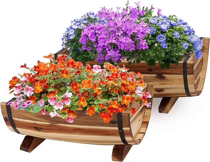 Solid Acacia Wood Half Barrel Planters Outdoor Set of 2 Different Sizes Wooden Planters for Outdoor Plants with Metal Bands &amp Drainage Holes Legs Included Natural