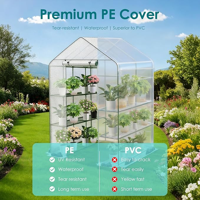 Twira Greenhouse for Outdoors 48 x 73.2 x 74.8 Walk in Plant Greenhouses Heavy Duty with Thicken PE Cover 3 Tiers 8 Shelves Greenhouse Plastic Portable Green House for Outside Patio Gardening