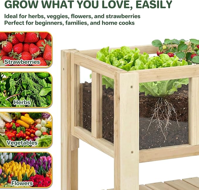 Raised Garden Bed Outdoor with Shelf 43.7''x23.2''x30.7''Wood Planter Box with Transparent Window Drainage Holes Liner Garden Beds Flower Stand for Balcony Kitchen Gift for Gardening