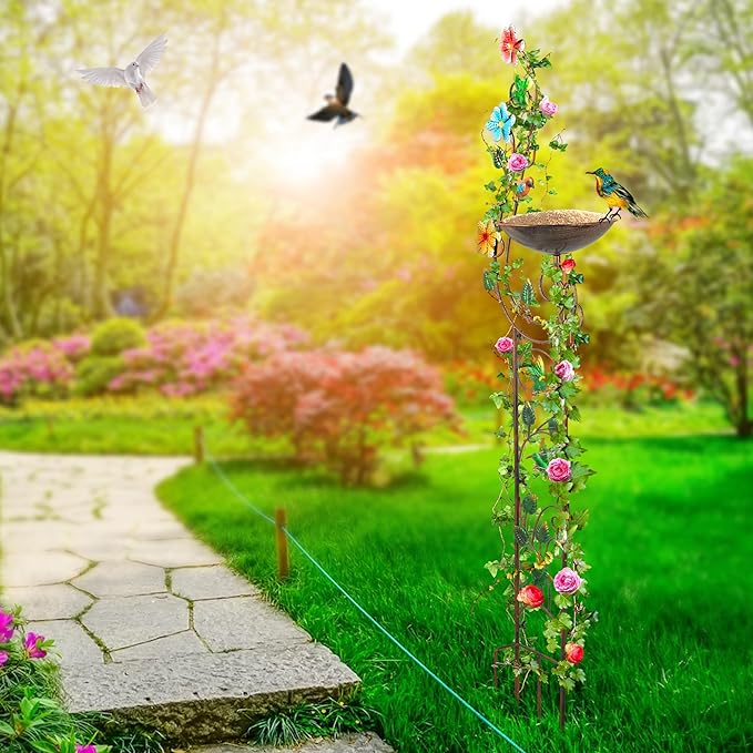 57” Bird Bath with Garden Trellis for Climbing Plants Outdoor Small Decorative Trellises Metal Birdbath Bird Baths 1 Piece (Hummingbird)