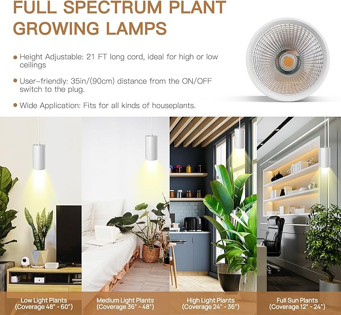 STERREN Pendant Grow Lights30W Full Spectrum Plant Light with On/Off Switch Auto Timer White Plug in Hanging Lights for Indoor Plants with 21 FT Height Adjustable Power Cord