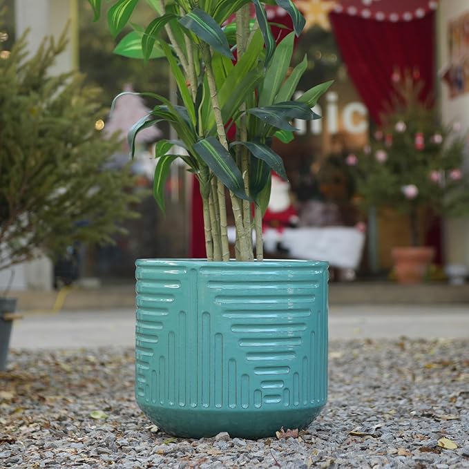 Handmade Ceramic Planter 16 Inch Diameter Teal Green with Textured Groove Pattern for Monstera and Fiddle Leaf Fig IndoorOutdoor Doorway Use Breathable Clay